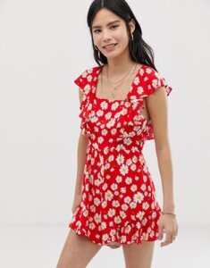 Kiss The Sky backless romper in daisy print-Red