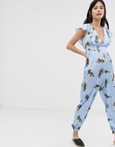 Kiss The Sky plunge jumpsuit in satin cheetah print-Blue