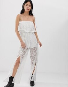Kiss The Sky split leg jumpsuit in lace with tassle detail-White
