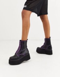 Koi Footwear vegan purple lace up platform ankle boots in black