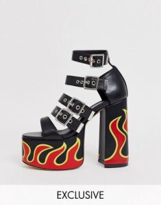 Lamoda Exclusive platform heeled sandals in flame print-Black