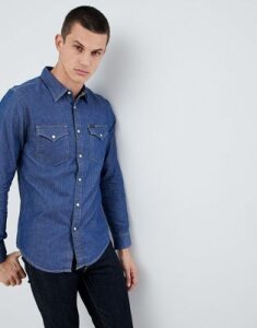 Lee Jeans Pindot Button Down Denim Shirt in Deep Indigo-Blue