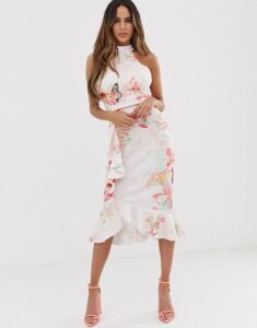 Lipsy high neck bodycon midi dress with frill detail in floral print-Multi