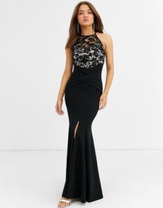 Lipsy lace top high neck maxi dress in black