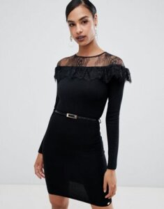 Lipsy long sleeve belted sweater dress with lace detail-Black