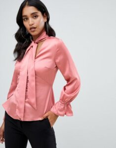 Lipsy rouleau button satin pussybow blouse in pink