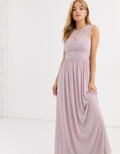 Lipsy ruched maxi dress with lace yolk and embellished neck in lavender-Purple