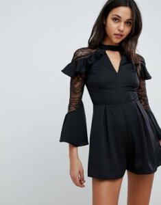 Lipsy Ruffle Romper With Lace Inserts-Black