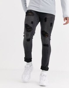 Liquor N Poker skinny fit jeans with rips in dark gray wash-Blue