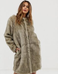 Liquorish faux fur longline coat-Gray