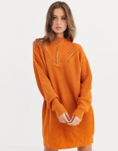 Liquorish sweater dress with zip front-Yellow