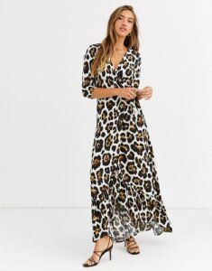 Liquorish wrap front maxi dress in leopard print-Brown