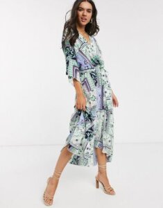 Liquorish wrap front maxi dress with hi-low hem in patchwork floral print-Multi
