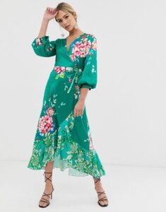 Liquorish wrap front midi tea dress in green floral print-Multi