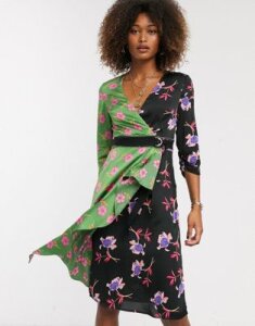 Liquorish wrap front mini dress in mixed floral print-Multi