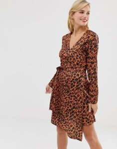 Liquorish wrap front satin mini dress in red leopard print-Multi