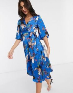 Liquorish wrap midi dress in blue bird print with kimono sleeves