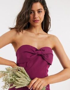 Little Mistress bridesmaid bow bandeau Maxi dress in mulberry-Red
