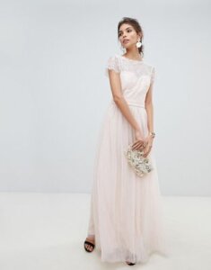 Little Mistress eyelash lace top and mesh skirt maxi dress with detachable belt-Pink