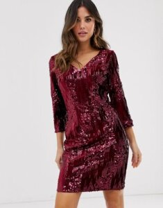 Little Mistress long sleeve velvet sequin embellished bodycon dress-Red