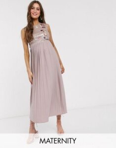 Little Mistress Maternity midi skater dress with embellished lace in mink-Pink