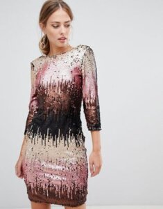 Little Mistress ombre sequin bodycon dress with long sleeves and scoop back-Multi