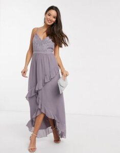 Little Mistress Paige lace detail maxi dress with frill in lavender-Purple