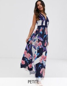 Little Mistress Petite all over floral printed plunge front maxi dress in multi