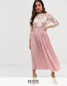 Little Mistress Petite floral lace applique 3/4 sleeve midi skater dress with pleated skirt-Pink