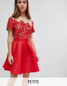 Little Mistress Petite Lace Top Mini Prom Dress-Red