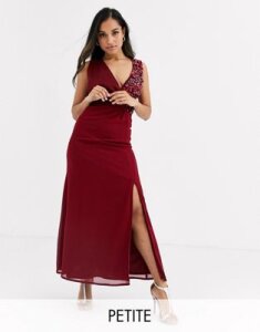 Little Mistress Petite maxi dress with embellishment and open back detail in mulberry-Red
