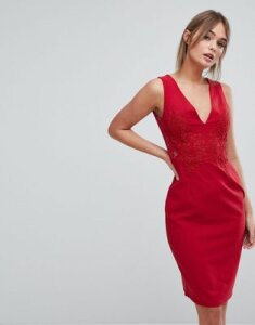 Little Mistress Plunge Front Lace Applique Bodycon Dress-Red
