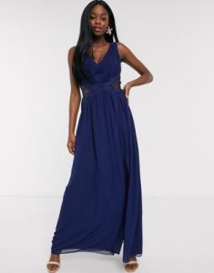 Little Mistress plunge pleat maxi dress with lace insert in navy