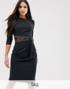 Little Mistress Tall long sleeve waist detail shift dress-Black