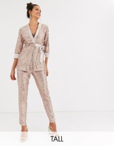 Little Mistress Tall tailored sequin pants in rose gold two-piece