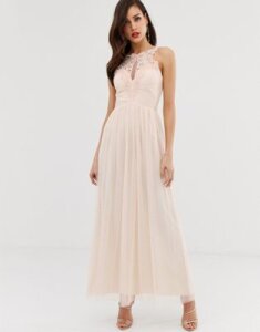 Little Mistress tulle maxi dress with lace detail-Pink