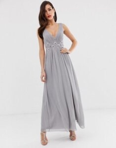 Little Mistress tulle maxi dress with side split and lace detail-Gray