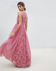 Little Mistress v neck sheer lace back maxi dress-Pink