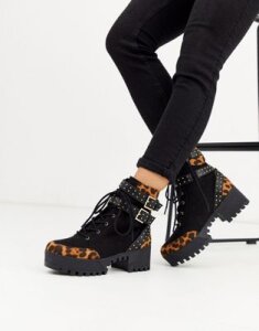 London Rebel chunky lace up hardware boots in leopard mix-Black