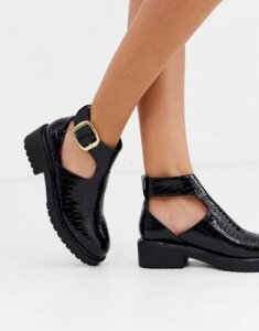 London Rebel cut out flat chunky ankle boots in black croc