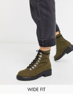 London Rebel wide fit lace up ankle boots in khaki-Green