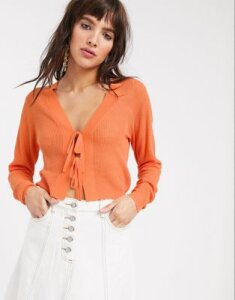 Lost Ink cardigan with tie front in rib knit-Orange