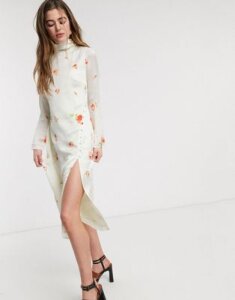 Lost Ink high neck column midi dress with buttons in delicate rose print-Cream