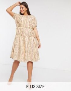 Lost Ink plus midi smock dress with volume tiers in abstract squiggle print-Beige