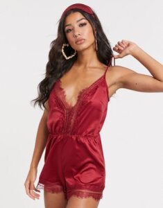 Loungeable burgundy satin romper gift set with eye mask-Red
