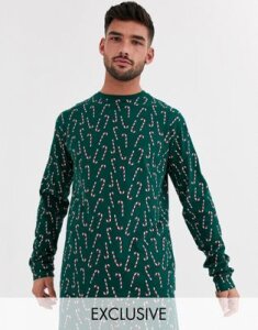 Loungeable candy cane print long sleeve top and pants pyjama set-Green