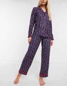 Loungeable christmas super soft pajama set with candy cane print in navy