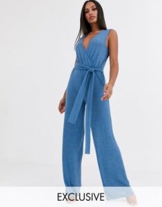 Loungeable tie front wide leg jumpsuit-Gray