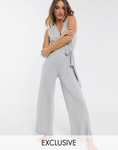Loungeable tie front wide leg jumpsuit in gray