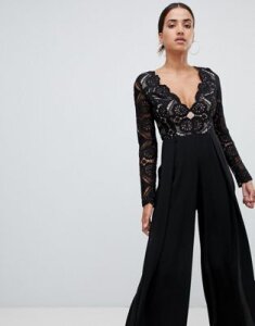 Love Triangle all over cut work lace top wide leg split jumpsuit in black